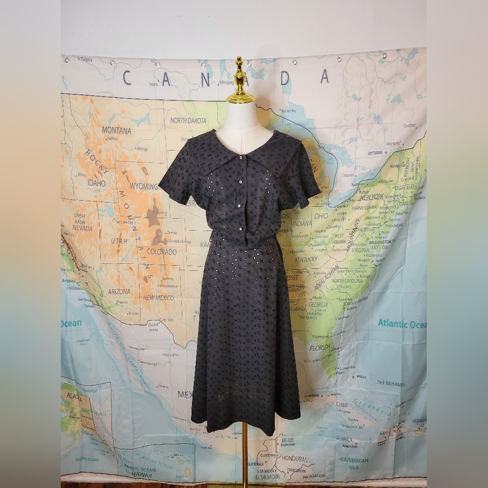 Vintage Black Eyelet Dress With Crystal Buttons.